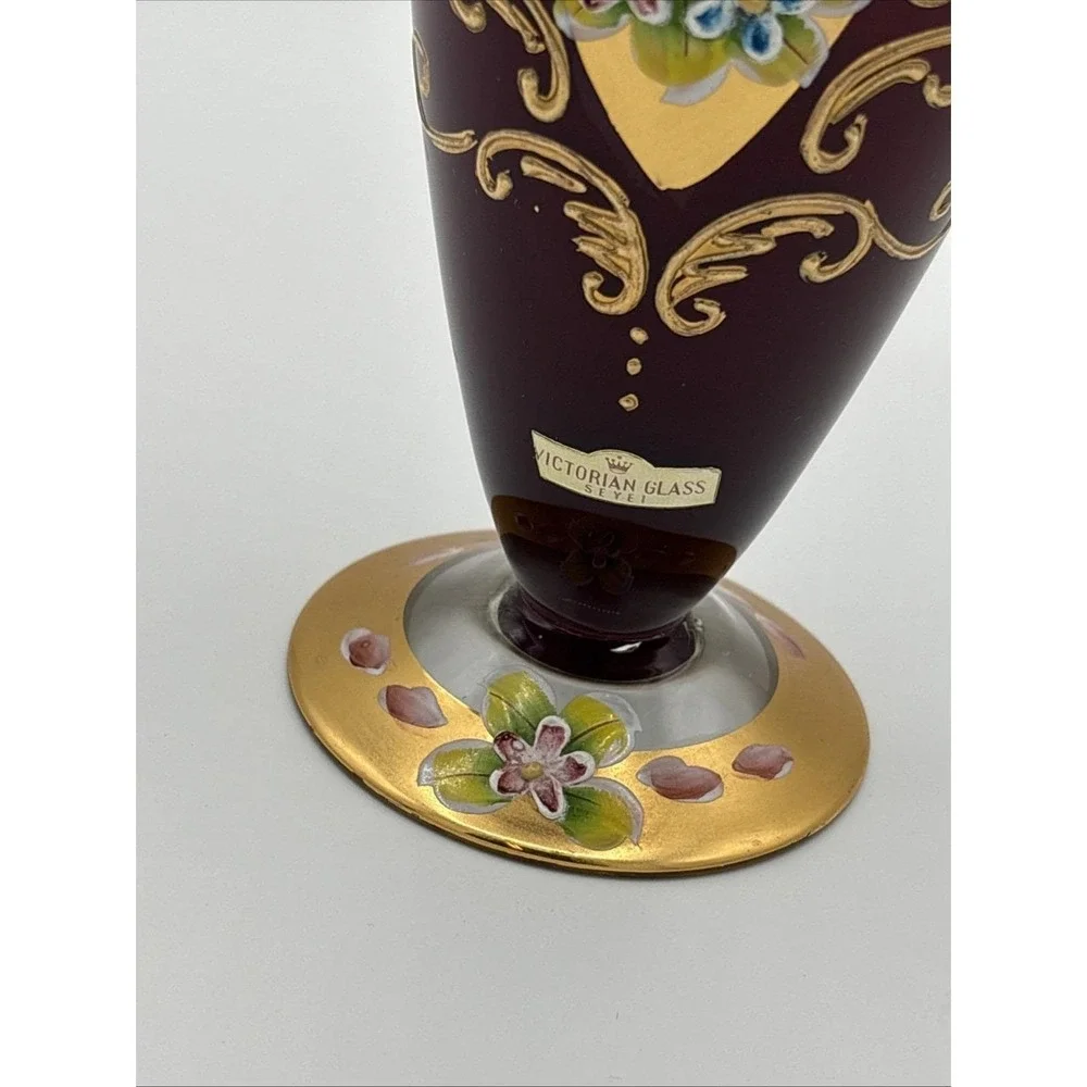 Seyei Japan Ruby Red Cranberry Glass Vase - 24K Gold Gilt & Enamel Flowers